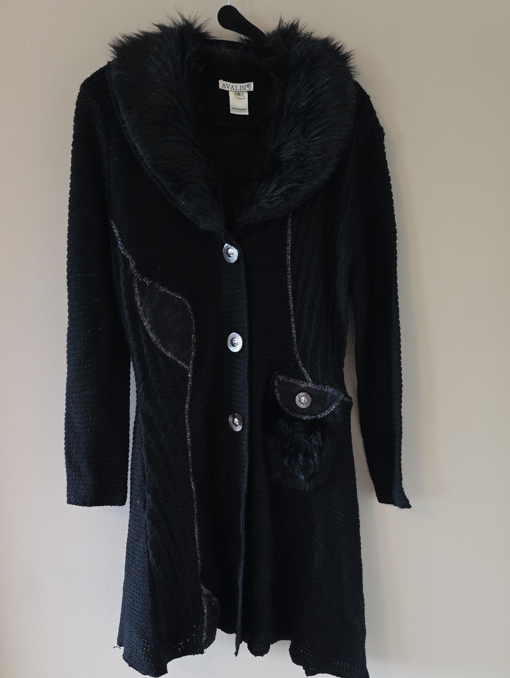 Avalin Black Faux-Fur Collar Long Cardigan